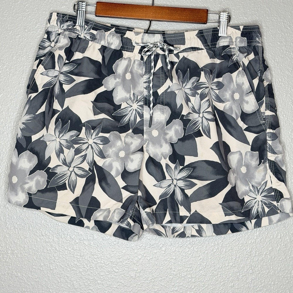 American Eagle Swim Trunks L Gray Floral Aloha Beach Tropical Lined Shorts 5"